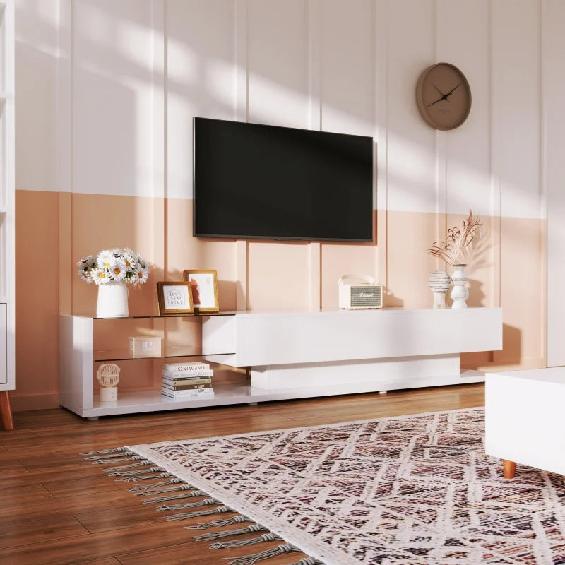 Meuble TV Rbefeuly 170 cm Blanc Haute Brillance – LED | 2 Tiroirs | 2 Étagères Verre | Mural ou Sol | TV 59"