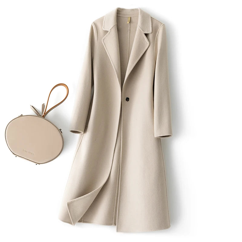 Modischer, einfacher Damenmantel Herbst und Winter Neu Ein-Knopf 100% reine Wolle Wendbarer Wollmantel Langer wilder Damen-Oberteil