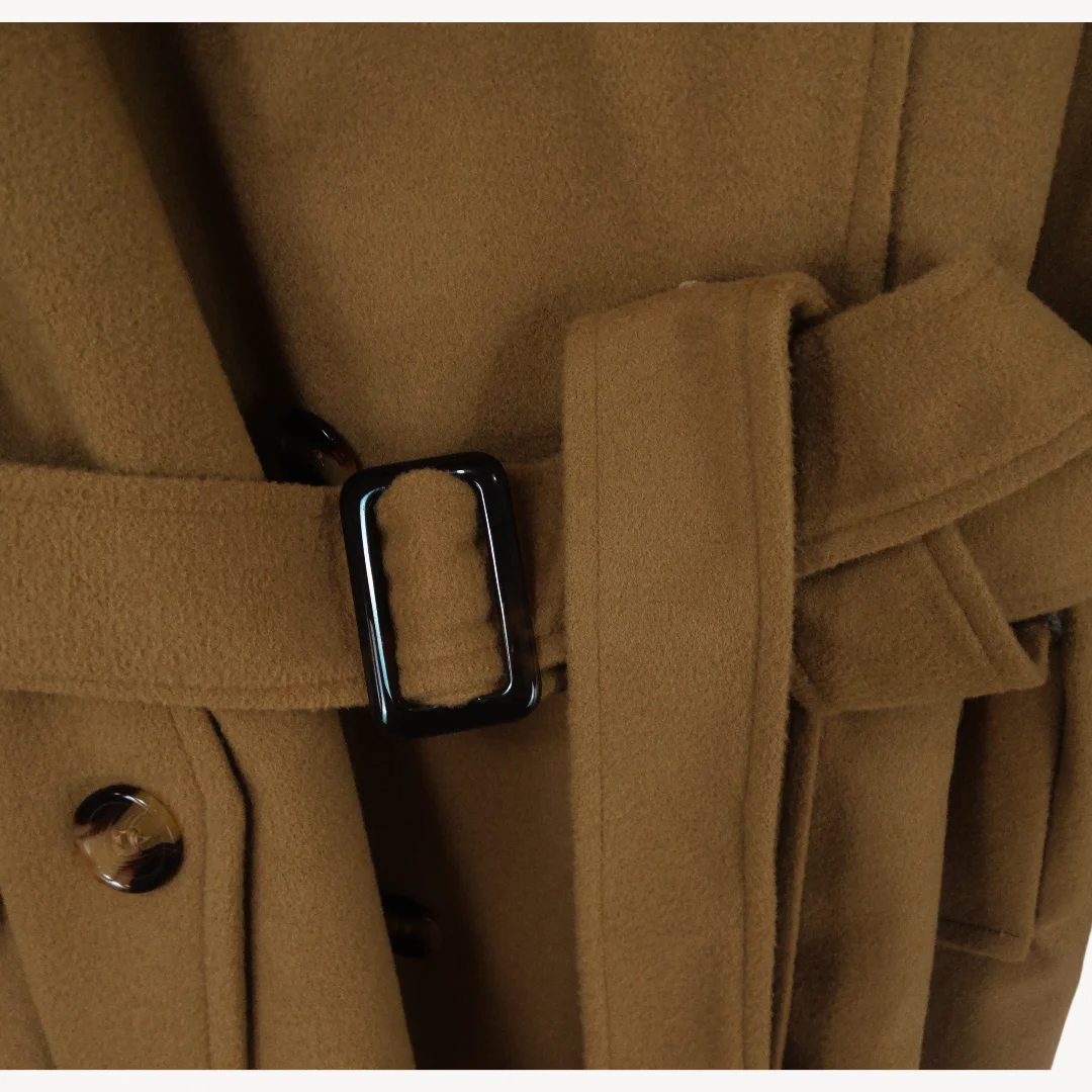 Damen-Midimantel mit Kapuze – Zweireihige Jacke in Wolloptik, Streetwear-Winterstil