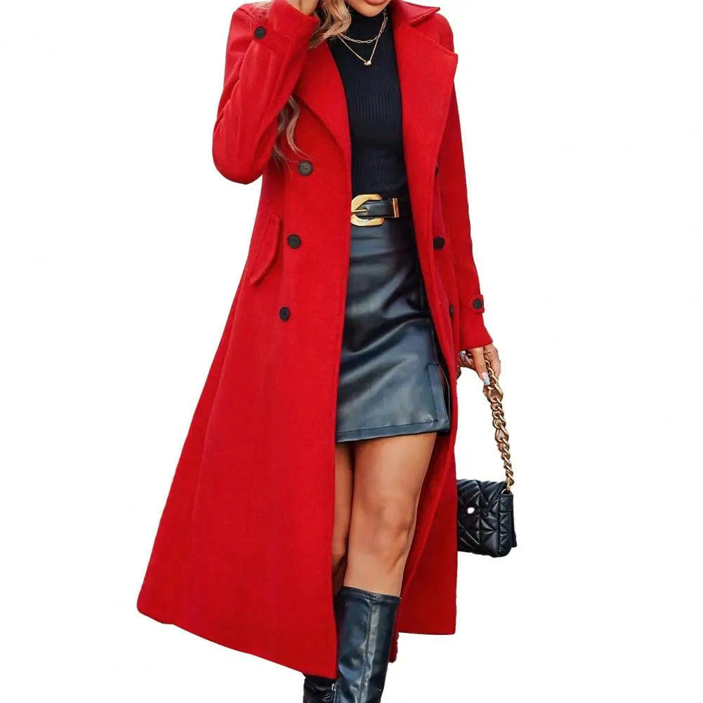 Manteau Long en Laine Femme – Double Boutonnage à Col Cranté, Coupe Cintrée Hiver