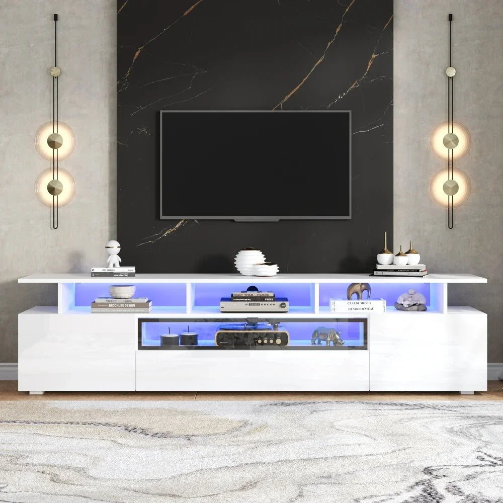 Meuble TV Haute Brillance 180x38x45 cm – LED App | 2 Armoires + 1 Tiroir | Acrylique | TV 75"