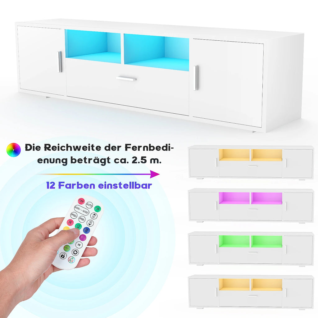 Meuble TV LED RGB 160 cm Style Scandinave – 16 Couleurs | 2 Portes | 1 Tiroir | Étagères Verre | TV 70"