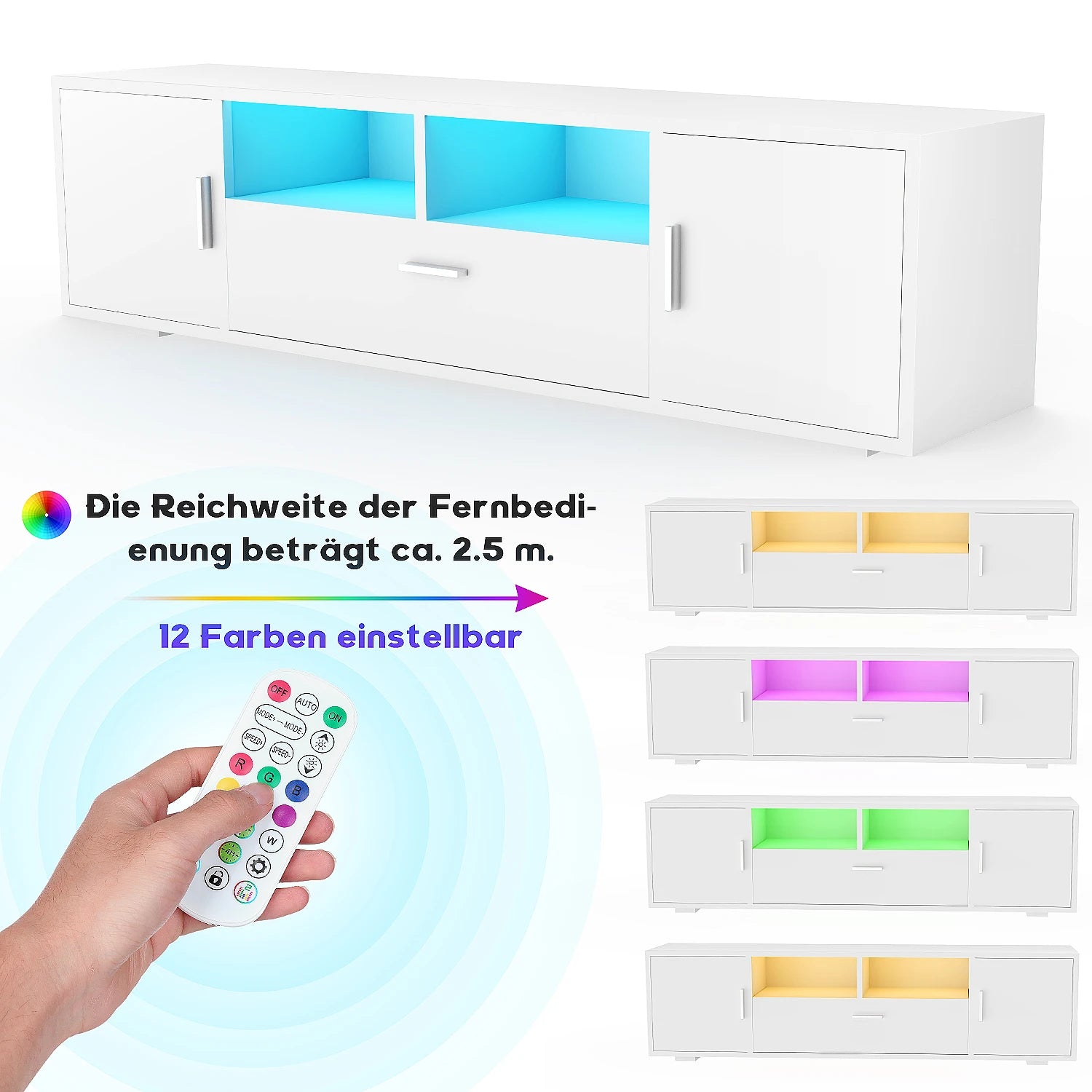 Meuble TV LED RGB 160 cm Style Scandinave – 16 Couleurs | 2 Portes | 1 Tiroir | Étagères Verre | TV 70"