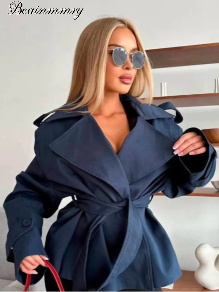 Solid Lace Up Short Windbreaker Women Elegant Full Sleeve Button Loose Chic Trench Coat New Office Lady Daily Commute Outwear