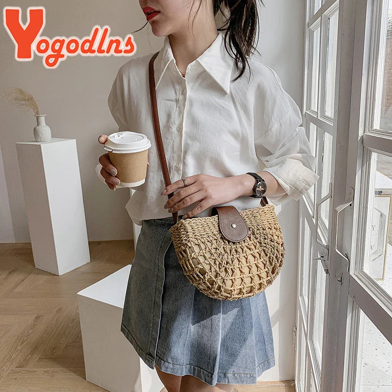 Sac de Plage Femme Yogodlns – Paille Rotin Tressé Fait Main, Forme Demi-Lune, Style Bohème