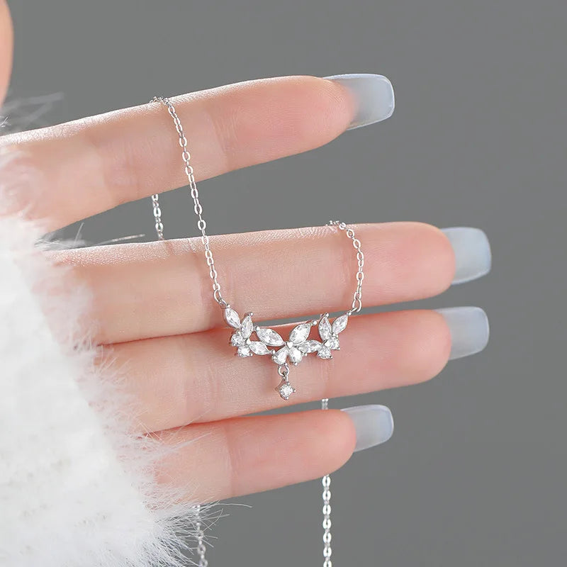 925 Sterling Sliver Necklace and Bracelet Set with Zircon Butterfly Shaped Sweet and Fashionable Set Jewelry Gifts for Women