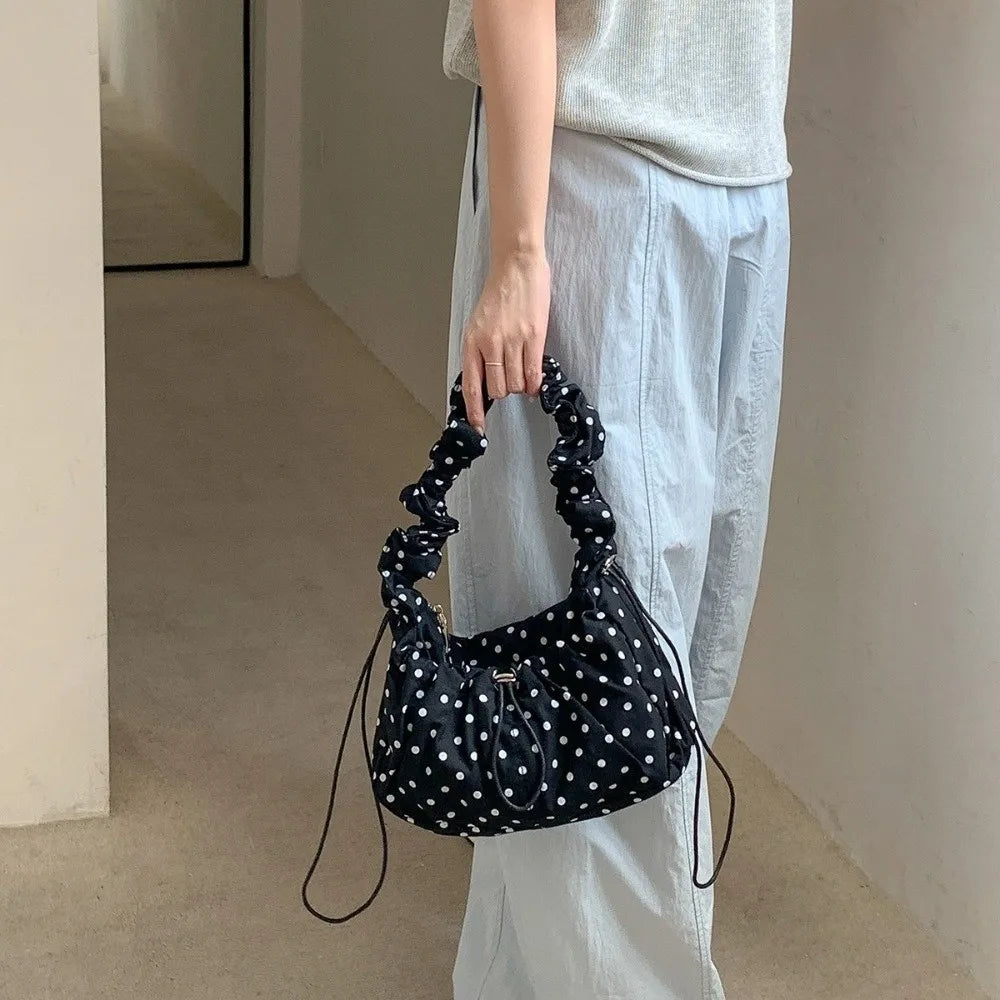 Versatile Polka Dot Underarm Bag Korean Style Large Capacity Drawstring Shoulder Bag Lightweight Clutch Purse