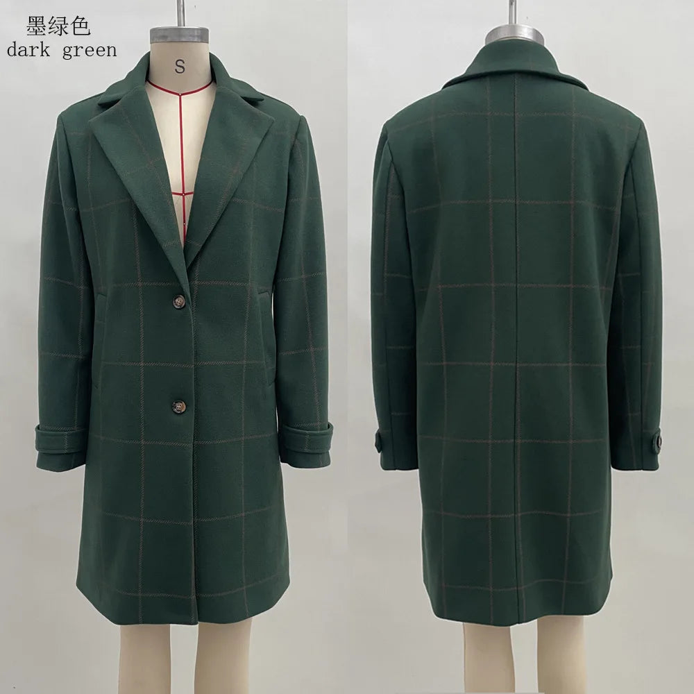 Manteau Mi-Long Femme À Carreaux – Mélange Laine, Coupe Ample, Poches | Hiver