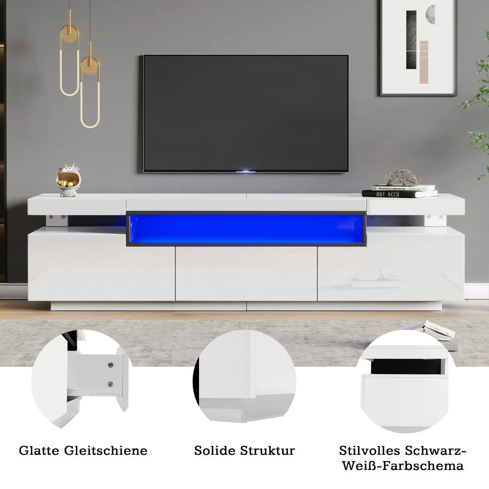 Meuble TV Haute Brillance 160x39x42 cm – Éclairage LED 16 Couleurs | 3 Tiroirs | Pour TV 70"