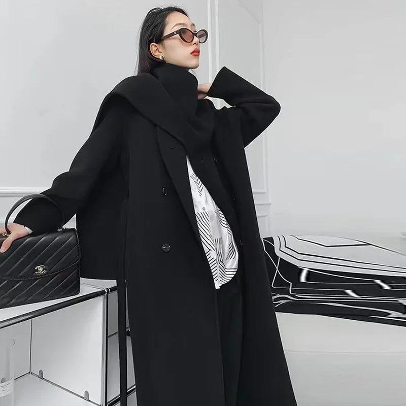 Manteau en Laine Cachemire Cousu Main – Col Écharpe, Coupe Ample, Mi-Long