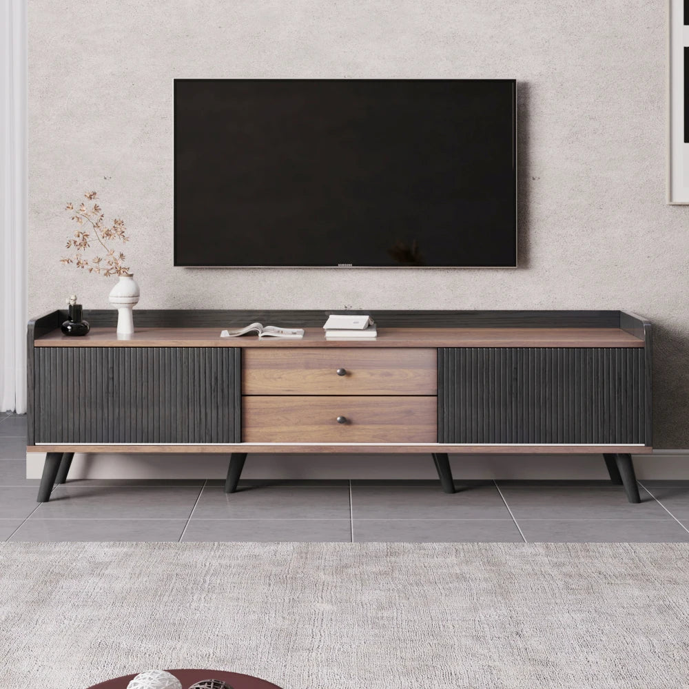 Console TV Bicolore 160x40x58 cm – Noir & Bois | 2 Tiroirs | Portes Coulissantes | Style Scandinave | Salon
