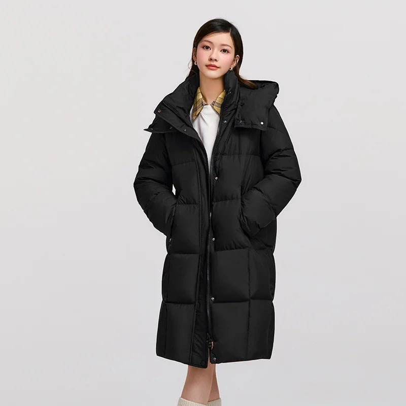 Doudoune longue à capuche amovible pour femme – Duvet 90 %