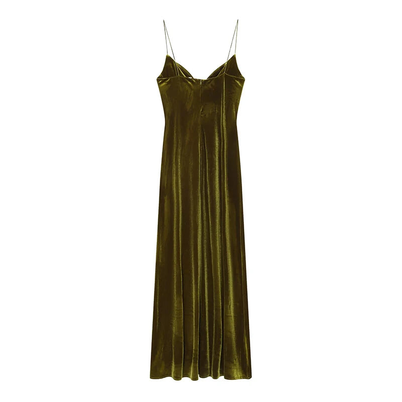 Robe Longue Velours Vert Bouteille – Dos Nu, Bretelles, Coupe A-Line Élégante