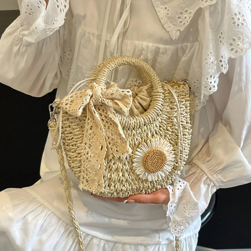 Sac de Plage Femme Yogodlns – Paille Rotin Tressé Main Demi-Lune, Nœud & Ruban, Style Bohème, 2 Coloris