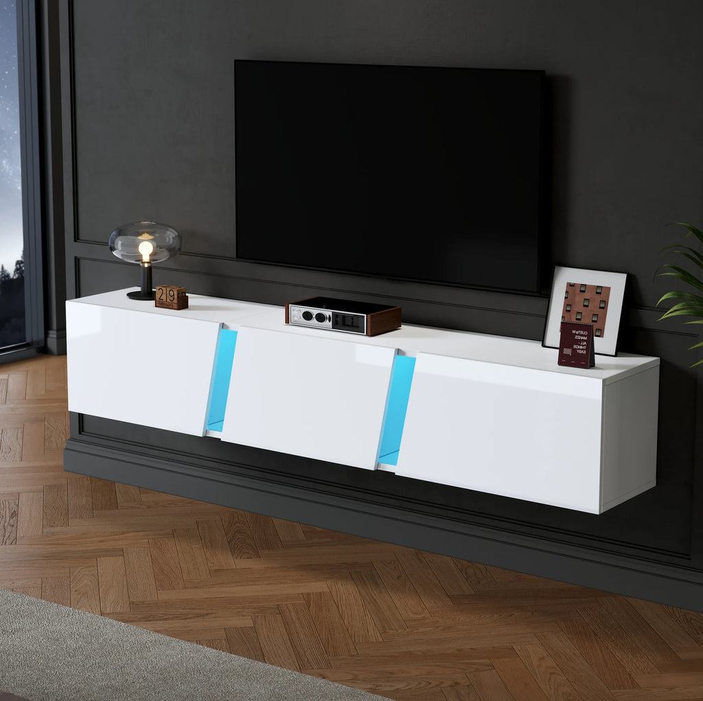 Meuble TV Mural 180x35x30 cm Blanc Haute Brillance – LED App | 3 Portes Soft-Close | Acrylique | TV 75"