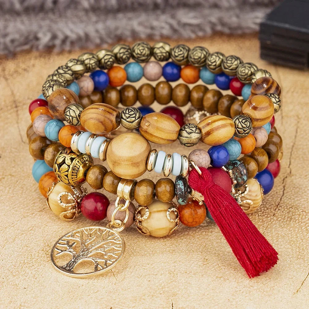 Set Bracelets Femme Bohème Arbre de Vie – Perles Bois & Glands