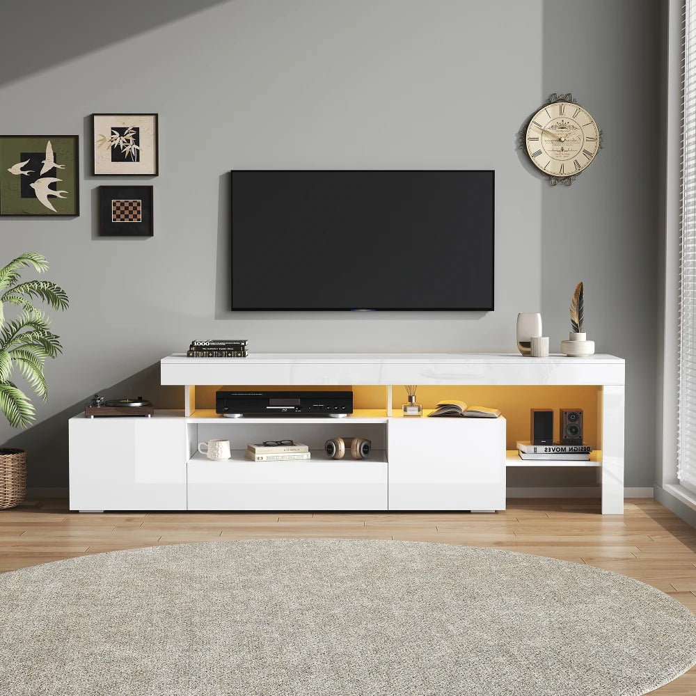 Meuble TV Haute Brillance 160x39x42 cm – Éclairage LED 16 Couleurs | 3 Tiroirs | Pour TV 70"