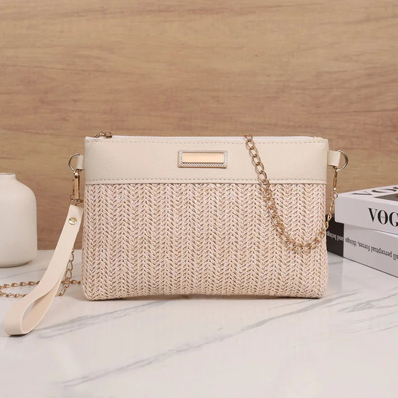 Chain Strap Women's Crossbody Bags For Travel/Vacation, Summer Straw Shoulder Bag With Wrist Strap, Ladies Handbags And Purses