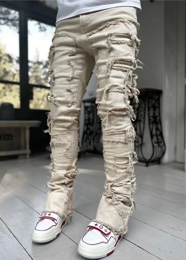 Jean Slim Stacked Homme Ripped Distressed Hip-Hop Streetwear 9 Coloris S-XXL