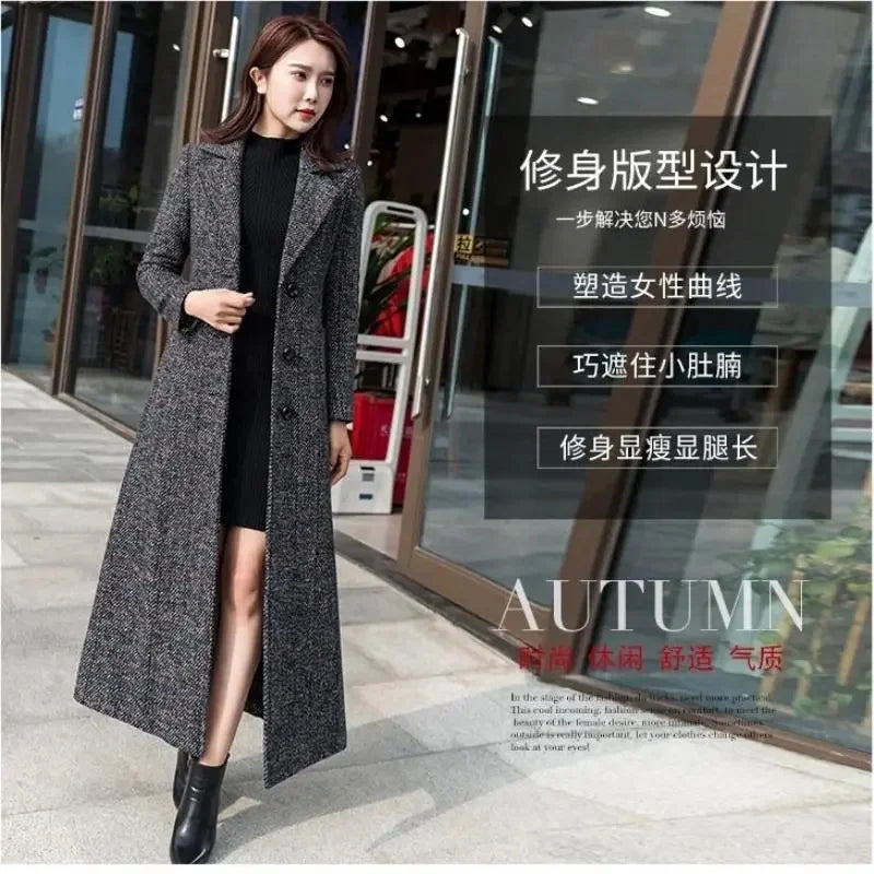 Manteau Long Femme Style Coréen – Laine Épaisse, Coupe Slim, Carreaux, Longueur Genou