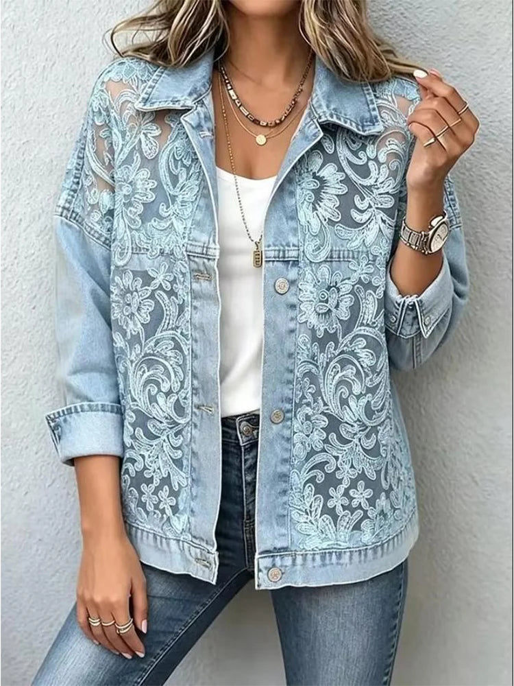Veste en Jean Dentelle Transparente Femme – Loose | Bouton | Manches Longues | Streetwear | Bleu | S-XXXL