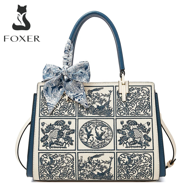 FOXER Split Leather 2026 New Large Tote Handbag Women's Shoulder Bag Chinese Classic Embroidery Best Gift for Mom