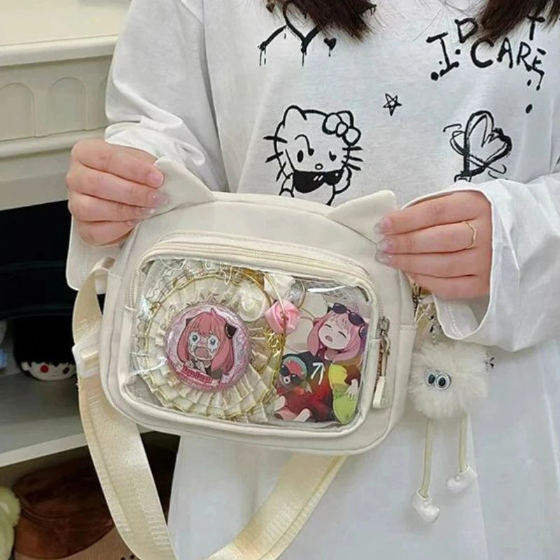 Japanese Pink Harajuku Cute Girls Y2K Transparent Cartoon Ita Bag Doll Versatile Crossbody Bag Casual Mobile Phone Сумка