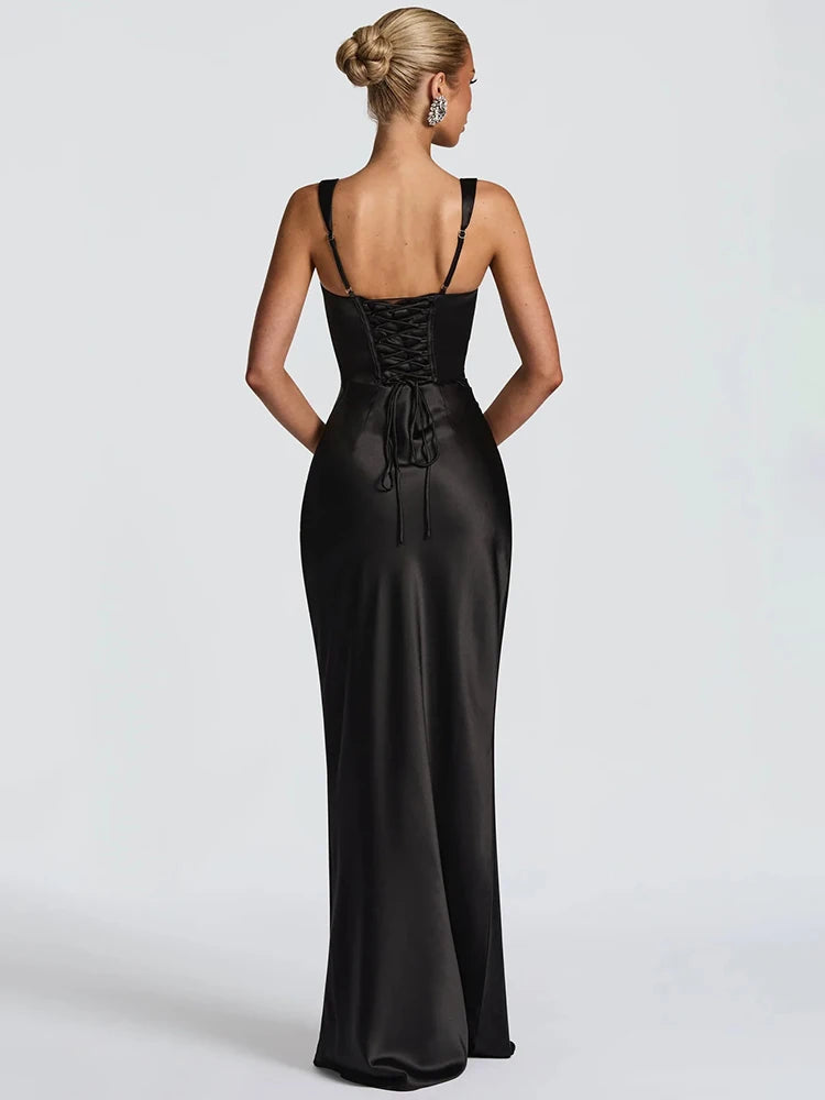Robe Longue Dos Nu en Satin – Coupe Slim Sirène, Sans Manches, Soirée & Mariage