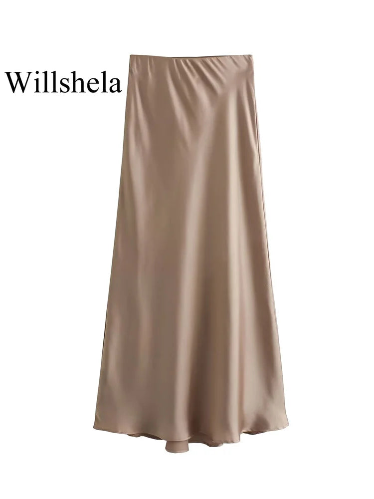 Willshela 2024 Schwarzer Satinrock Damen Hohe Taille Elegante Lange Röcke Für Frauen Mode Sommer Midirock Büro Damenröcke