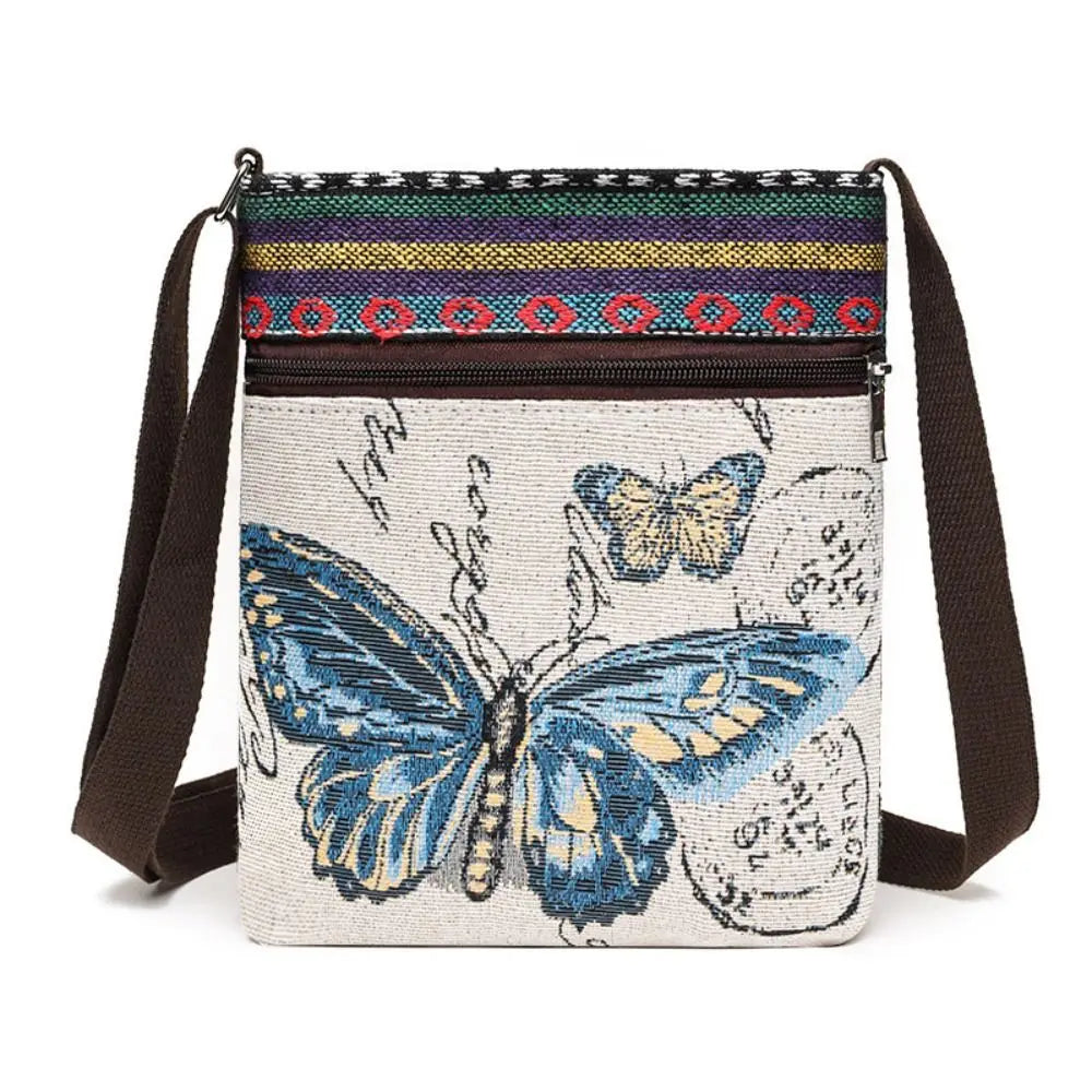 Women Square Small Canvas Embroidered Phone Shoulder Bag Retro Ethnic Style Travel Outdoor Messenger Crossbody Bag Handbags ﻿