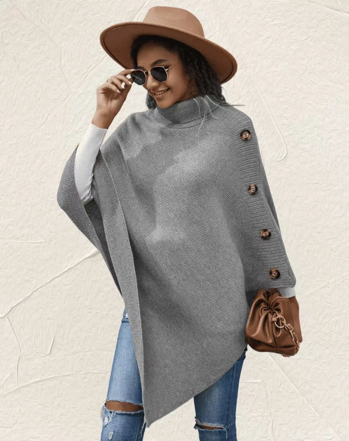 2025 Autumn Winter Shawl Cloak Sweater Solid Color Turtleneck Oversized Cape Coat Female Ponchos Pullover Knitted Bat Sleeve Top