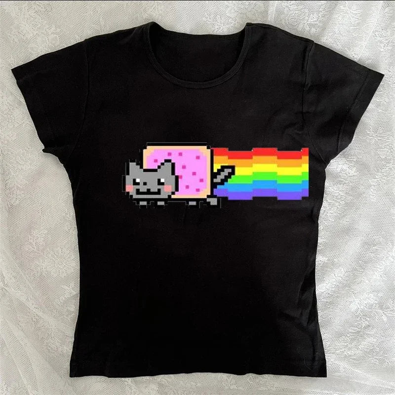 T-Shirt Esthétique Y2K Femme – Imprimé Lettres & Étoiles, Style Harajuku Rétro Gothique