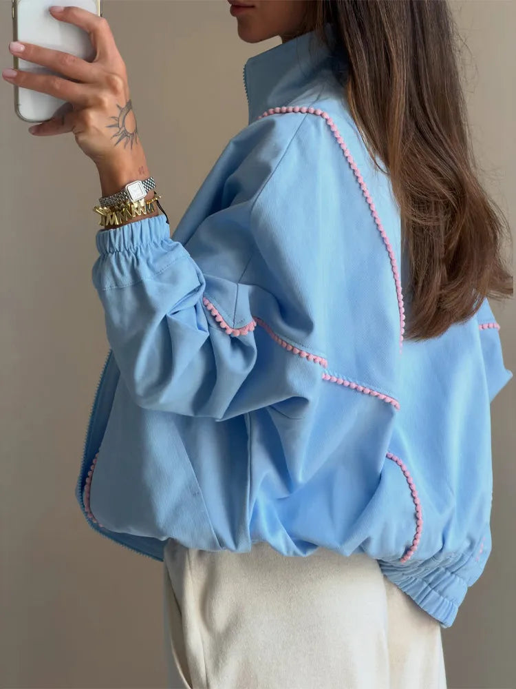 Stand Collar Zip Up Denim Bomber Jacket Elastic Cuff Long Sleeve 2026 Summer Women Outerwear Versatile Fashion Lady Chaqueta