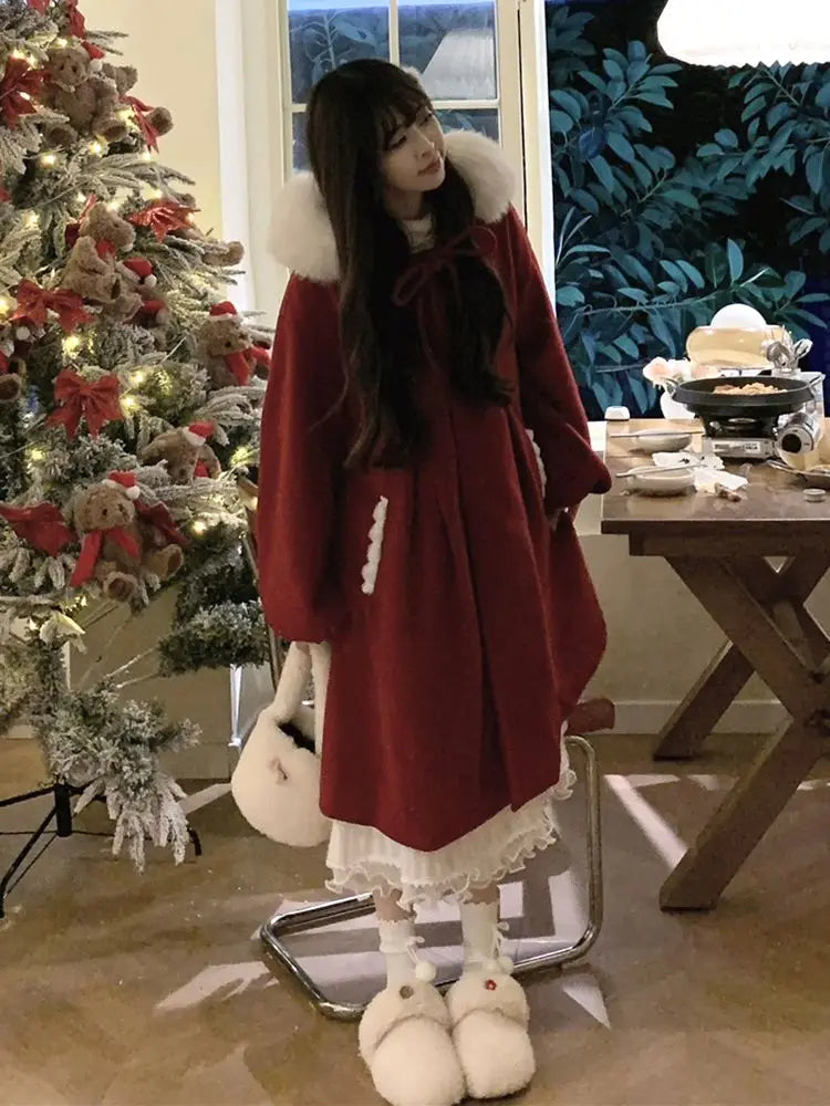 Manteau en laine à capuche épais avec grand col – Édition hiver