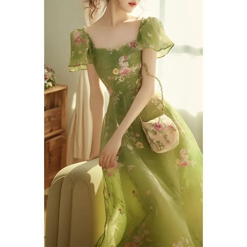 Robe Longue Chiffon Imprimé Floral Femme – Style Français Féerique, Vacances Été