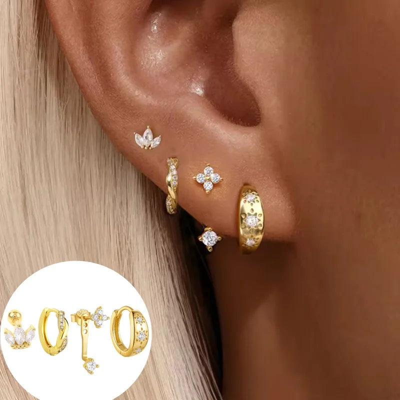 Lot de 4 Boucles d'Oreilles Créoles Zirconia – Étoile & Fleur, Acier Inoxydable, Femme