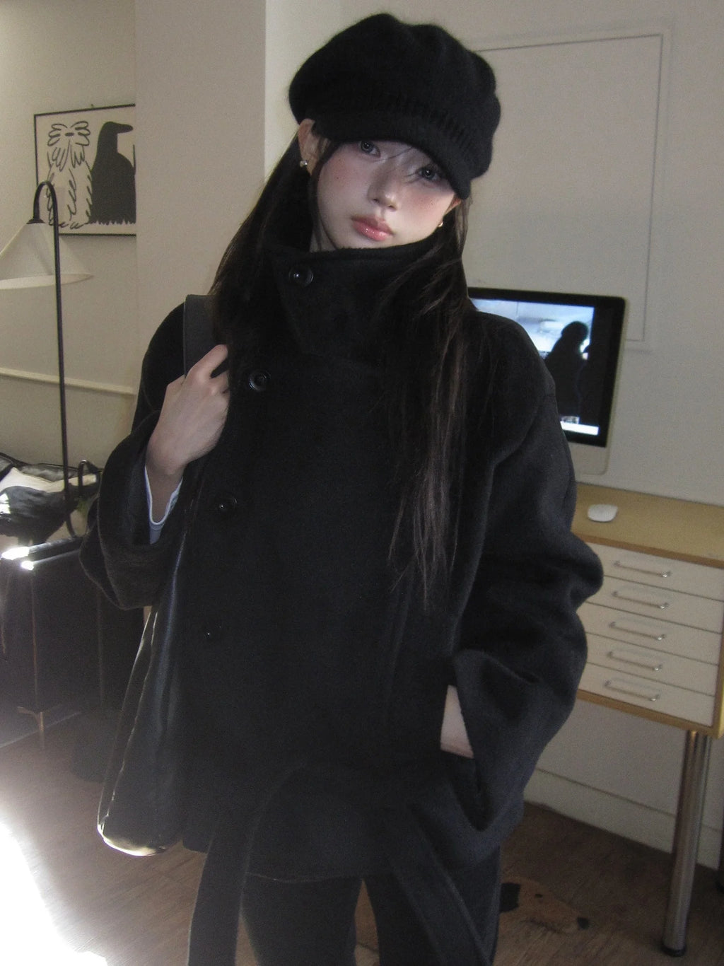Manteau Femme Col Montant Style Rétro Japonais – Veste Laine Longue Ceinturée