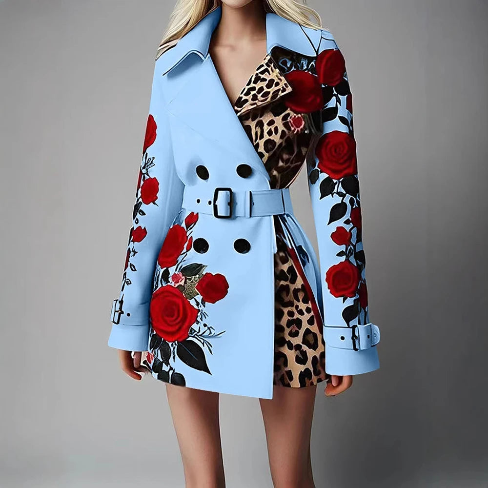 Women's Chic Trench Coat Red Rose Leopard Print Double Breasted Belted Lapel Long Sleeve Casual Outerwear Winter Female Jackets
