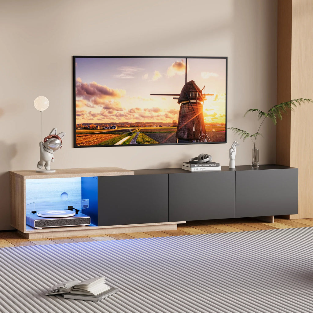 Meuble TV Simurq 240x38x44 cm – 3 Portes | Étagères Verre | 75 kg | Style Scandinave | Blanc ou Noir
