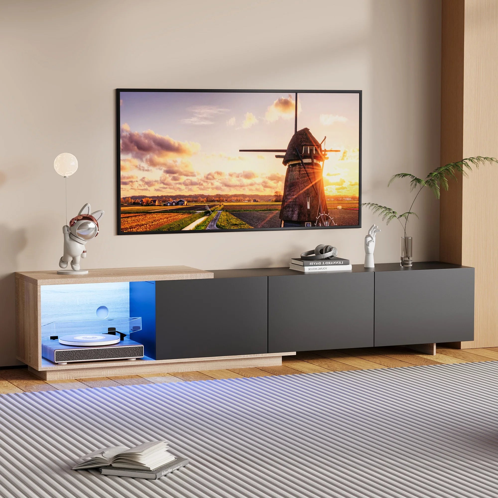 Meuble TV Simurq 240x38x44 cm – 3 Portes | Étagères Verre | 75 kg | Style Scandinave | Blanc ou Noir