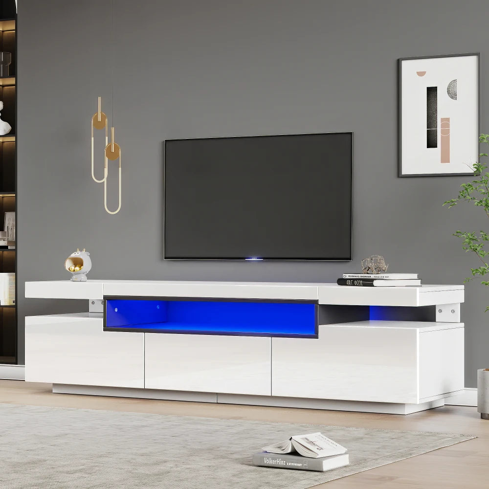Meuble TV Haute Brillance 160x39x42 cm – Éclairage LED 16 Couleurs | 3 Tiroirs | Pour TV 70"