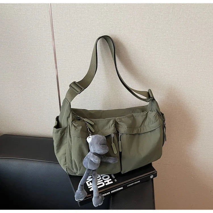 Sac Bandoulière Femme en Toile Style Boston Rétro – Grande Capacité, Pendentif Grenouille Optionnel